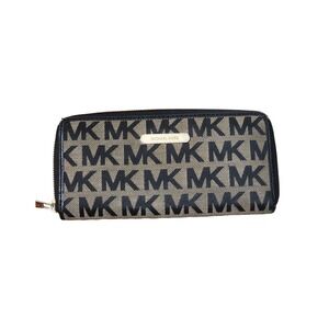 Michael Kors MK Signature Logo Wallet Blue Large Gold Zipper Canvas Leather